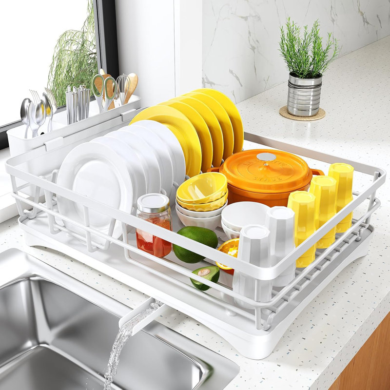 Rustproof Kitchen Dish Drying Rack with Drainboard, White
