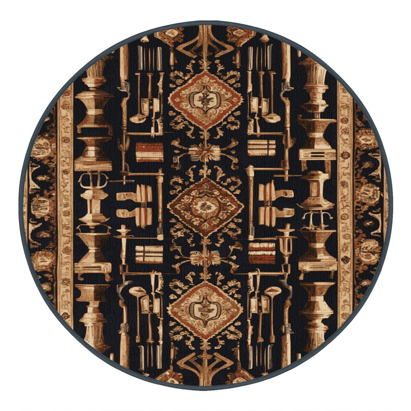 Machine Washable French Black Area Rug, Round 4'