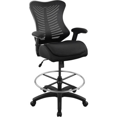 Black Mesh Drafting Chair - Tall Office/Computer Chair For Standing Desks, With Lumbar Support, Double Seat Cushion, Adjustable Armrest & Foot Ring