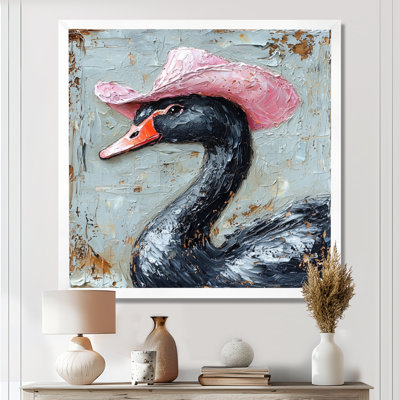 Un cygne noir portant un chapeau de cowboy rose II - cygnes, art mural large