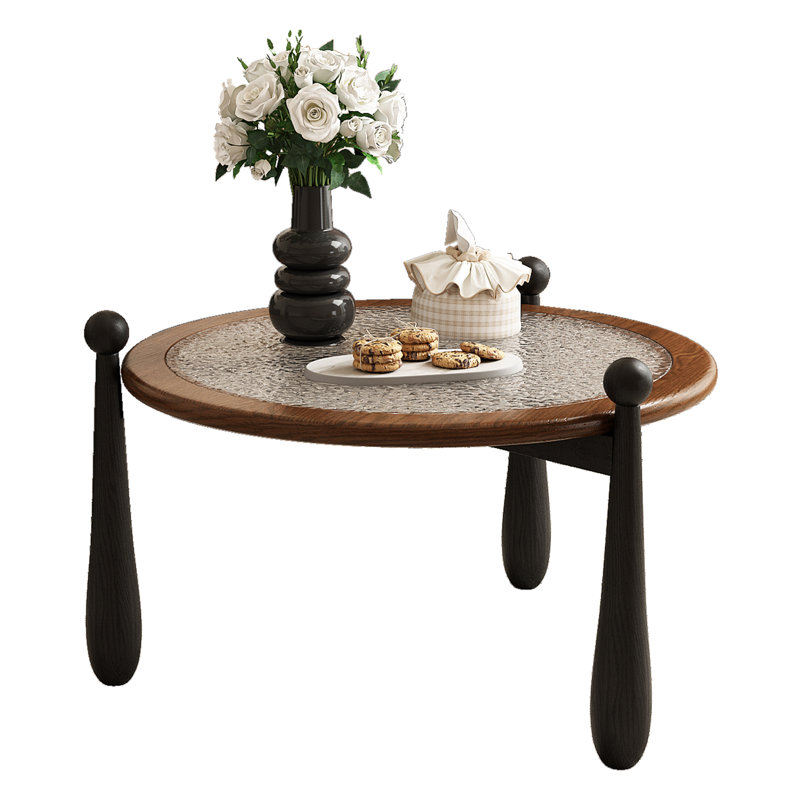31.5" Round Coffee Table with Water Ripple Glass Top, Mid-Century Modern Coffee Table with Solid Wood Frame & Black Legs, Circular Centre Table for Living Room