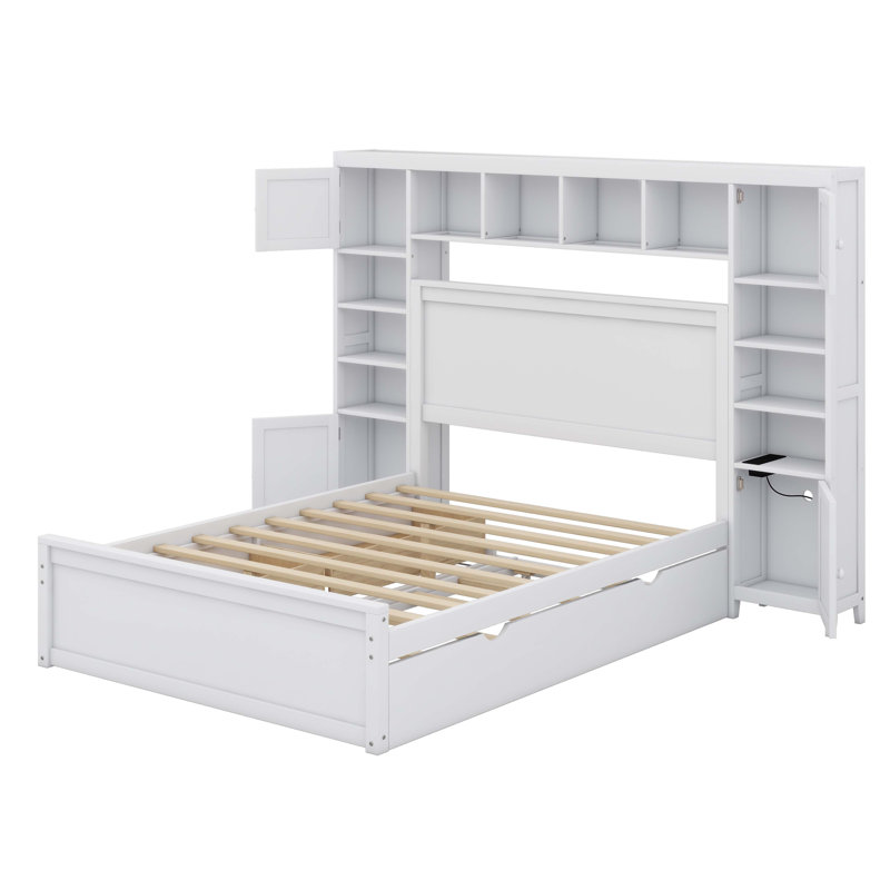 Grand lit en bois avec armoire intégrée, tablette, prises de courant et lit gigogne simple TG, Blanc