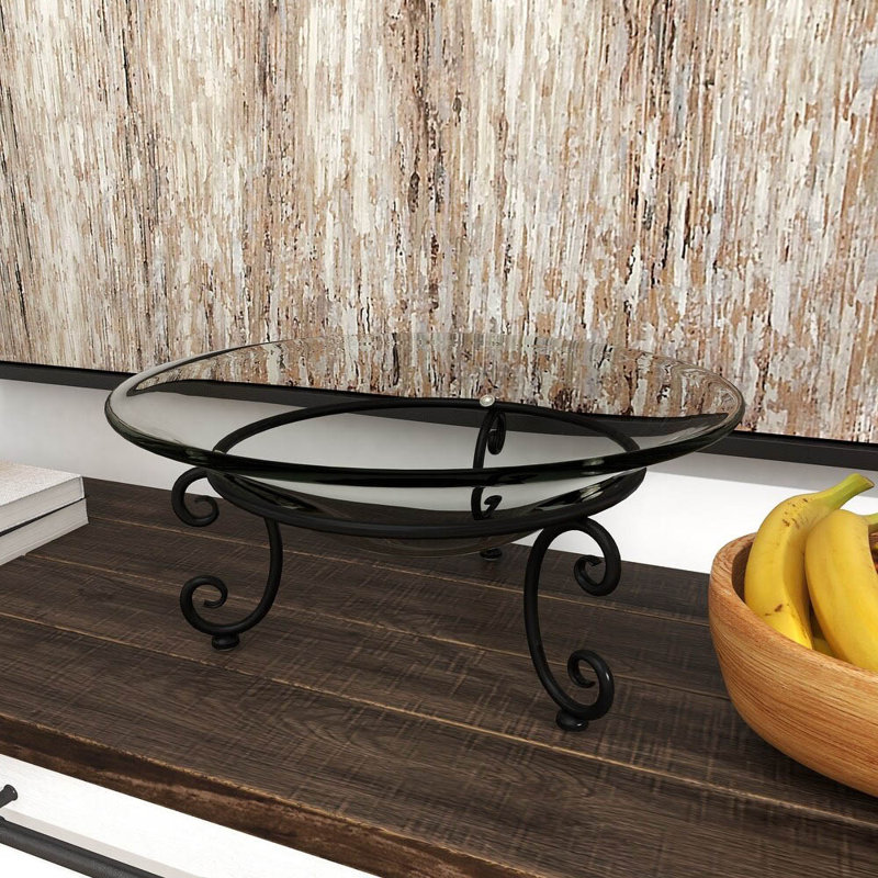 Buettner Tempered Glass Kitchen Clear Serving Bowl with Black Metal Scroll Stand