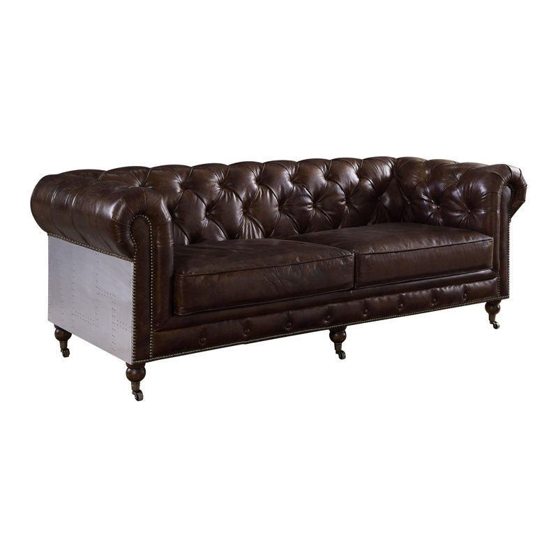Vintage Brown Genuine Leather Chesterfield Sofa with Nailhead Trim