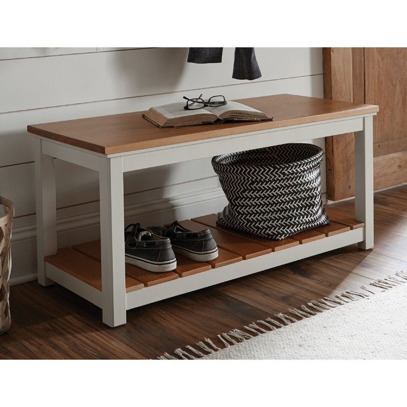Savannah Bench - Ivory with Natural Wood Top, 40-Inch Entryway Bench with Slat Shelf, Perfect for Mudroom, Bedroom, Coastal Cottage and Modern Farmhouse Style, Two-Tone Storage Bench