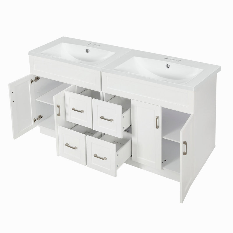 Meuble-lavabo de 60 po avec 4 portes d'armoire, 4 tiroirs, 2 tablettes réglables, deux lavabos en résine, des tiroirs cachés à fermeture en douceur et des charnières à fermeture en douceur
