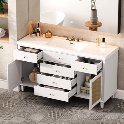60 - Inch White Bathroom Vanity, Sink, Abundant Storage, Drawers, Cabinets, Soft Close Drawer Mechanism, Pine Leg Support 5 Drawers And 2 Doors For Glides, Stable Legs