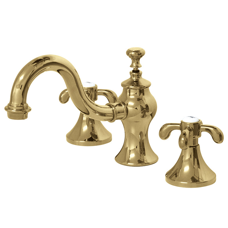 Kingston Brass French Country Two-Handle 3-Hole Deck Mount Widespread Bathroom Faucet with Brass Pop-Up Drain, Polished Brass