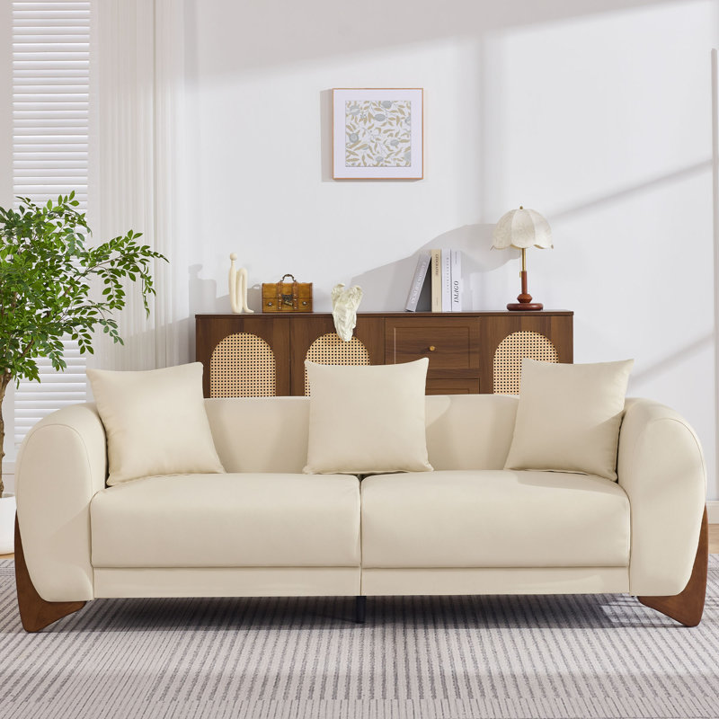 Canapé 87 po rembourré en similicuir avec pieds en bois massif, Pu-beige