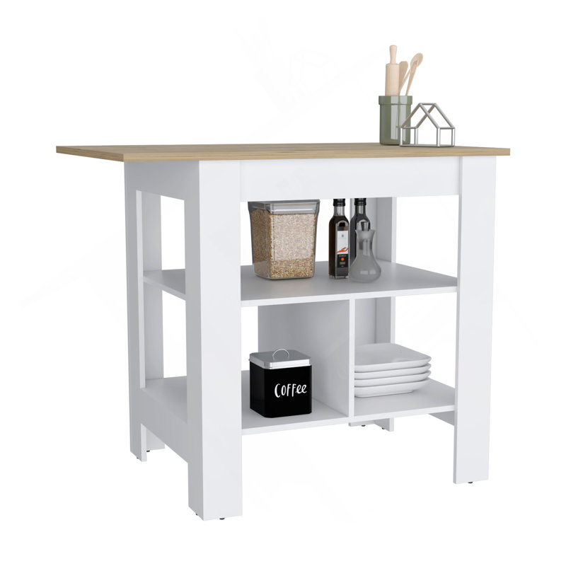 Îlot de cuisine, table de cuisine H 35 po, 3 tablettes ouvertes, blanc / macadamia