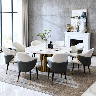 Table ronde de 60 pouces pour salle à manger avec paresseux rotatif à 360 °, pierre frittée teintée, style moderne, pouvant accueillir 8 personnes, table de cuisine blanc doré, conception lisse à impact américain, sièges