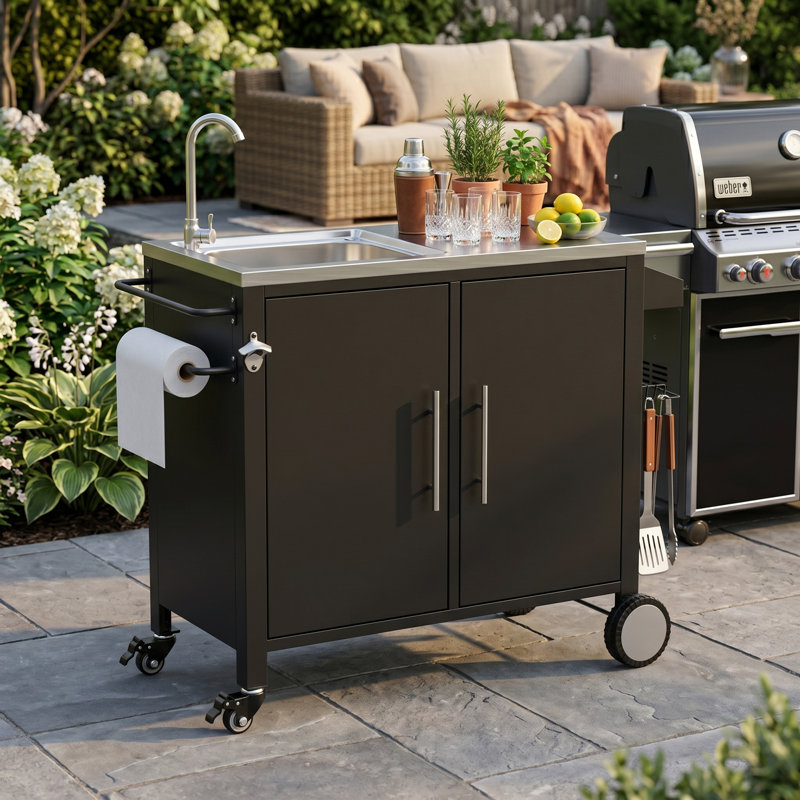 Chariot de barbecue 38 po en acier inoxydable avec évier et armoire de rangement 38 po