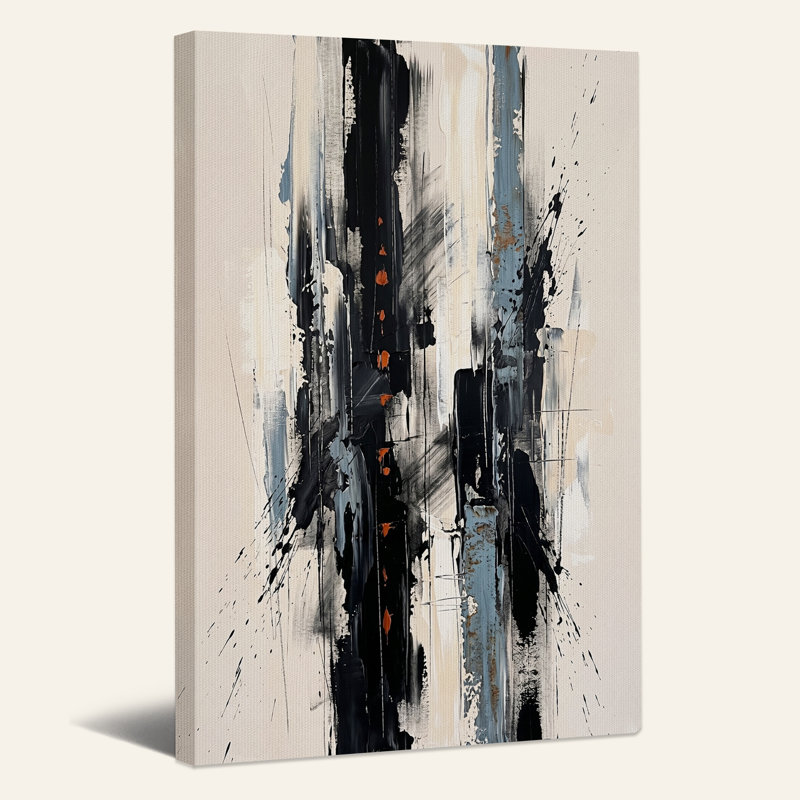Tableau abstrait à coups de pinceau verticaux noirs, beiges et oranges sur toile, H 40 po x l 28 po