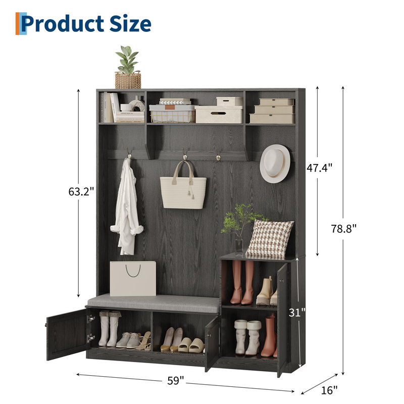 Arbre d'entrée de 78,7 pouces de hauteur avec banc et rangement pour chaussures, banc d'entrée moderne avec portemanteau, 4 crochets de suspension, 3 compartiments ouverts