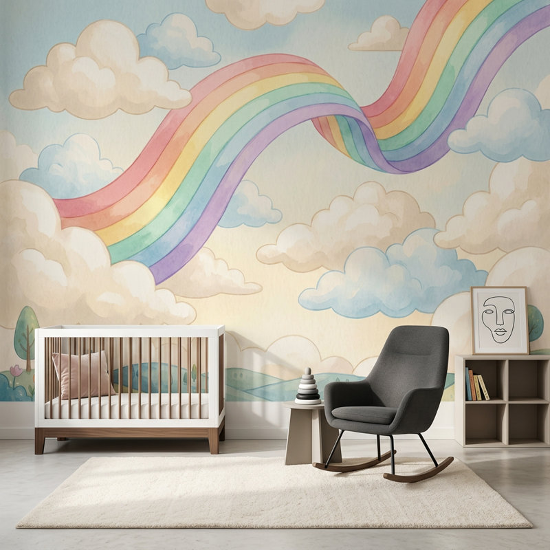 Papier peint pastel arc-en-ciel avec nuages fantaisistes, 120 po x 96 po, Peler et coller