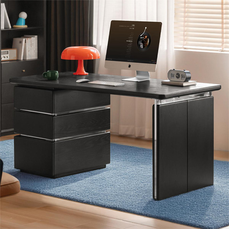 Bureau rectangulaire en bois massif noir + argent + acier inoxydable avec 3 tiroirs, Retour à gauche