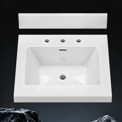 24" Solid Surface Vanity Top with Center Integrated Sink White Bathroom Countertop with 3.5" Backsplash & 3 Pre Drilled Holes for 8" Widespread Faucet