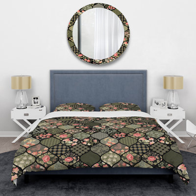 Green Floral Patchwork Polyester Geometric Shapes Duvet Cover