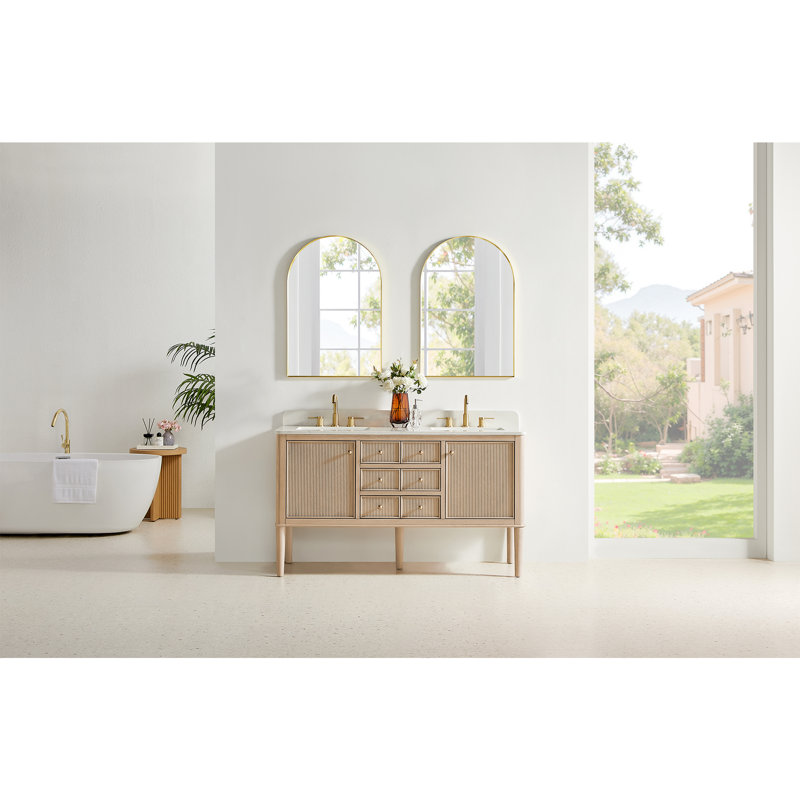 Blaise 60" Double Freestanding/Floating Bathroom Vanity in Light Oak with Grain White Engineered Stone Countertop