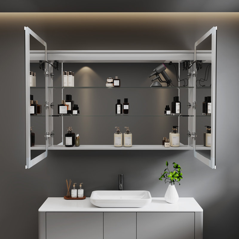 32'' H x 36'' W Cynethia Silver Aluminum Frame Rounded Edge Recessed/Surface Mount Medicine Cabinet with Mirrors, 3 Color Dimmable Lights and Adjustable Glass Shelves