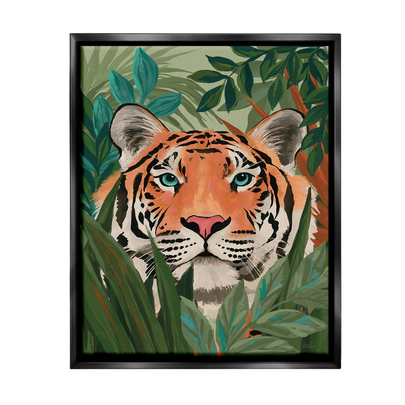 «Tiger Peeking In Leaves» sur, Cadre flottant noir de jais, H 21 po x l 17 po