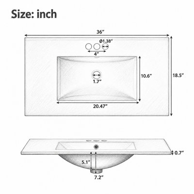Meuble-lavabo transitionnel de 36 po avec lavabo en céramique, tiroirs à double couche pour le rangement des outils à cheveux et des serviettes, tablettes réglables, structure en bois massif, convient aux robinets de 4 po