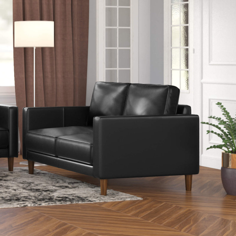 Armonni 55" Wide Top Grain Leather Loveseat | Mid Century Modern Small Couch, Black Genuine Leather
