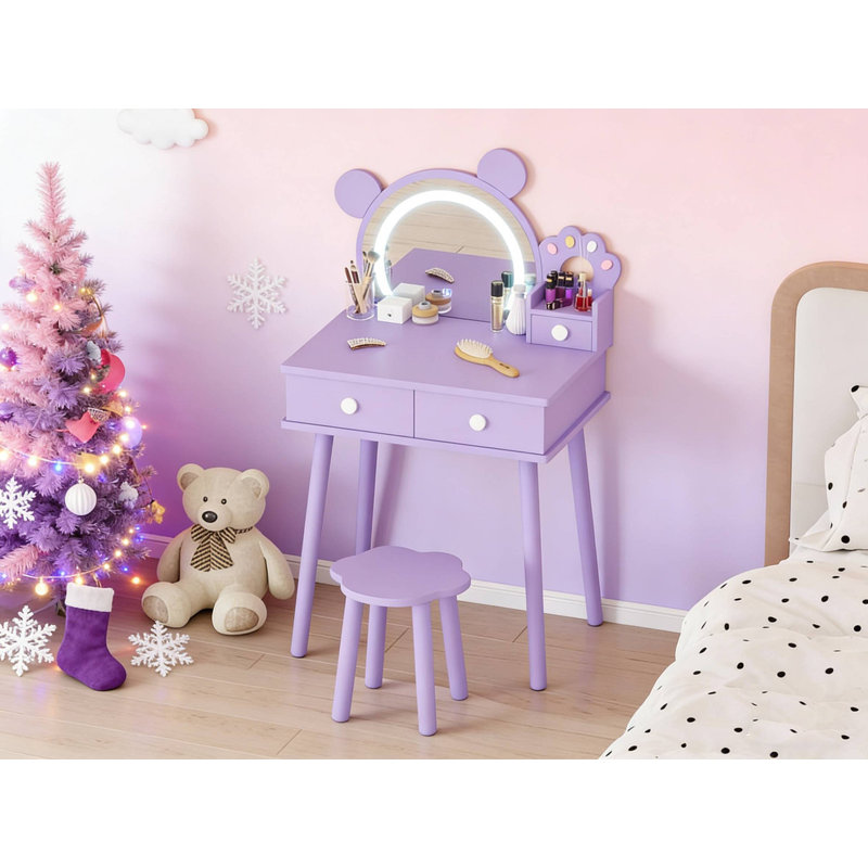 Kids Vanity Table with Lights & Mirror, Bear-Shaped Princess Makeup Set with Storage Drawers, Purple