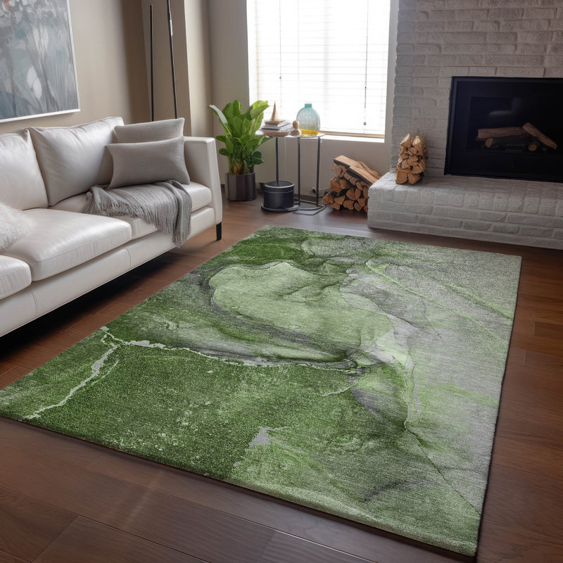 Premium Machine Washable Cerrito AMF524 Olive Rug, Rectangle 3' x 5'