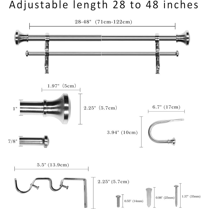 Sand Nickel Adjustable Double Curtain Rod with Trumpet Finials