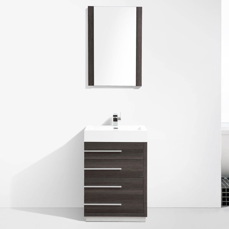 Meuble-lavabo simple autoportant de 30 po avec lavabo en acrylique et miroir Manders, Chêne foncé