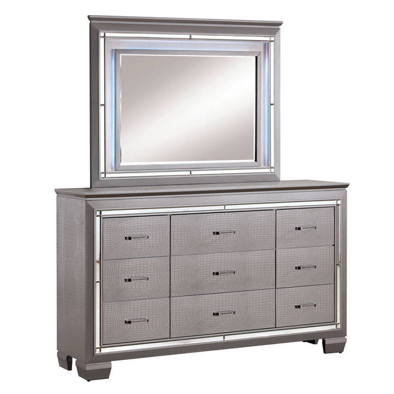 Aghanliss 9 Drawer Dresser with Mirror, Silver