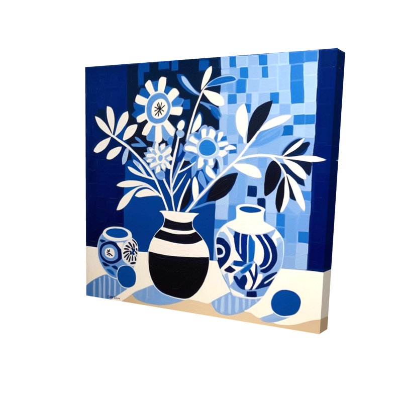 Vases bleus, toile minimaliste - décoration de chambre à coucher bleue