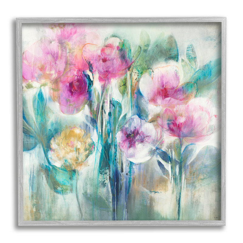 Délicates fleurs pluvieuses, pivoines roses, illustration peinte par Tiers et murs - peinture, H 12 po x l 12 po x P 1,5 po