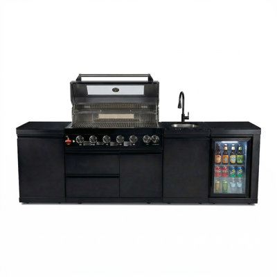 Îlot de cuisine extérieur de luxe 101 po avec barbecue au propane à 6 brûleurs 85 000 BTU, réfrigérateur à vin, évier en acier inoxydable et comptoirs en marbre
