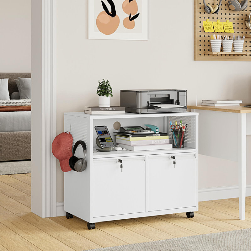 32'' Wide 2 -Drawer Mobile Steel File Cabinet, White