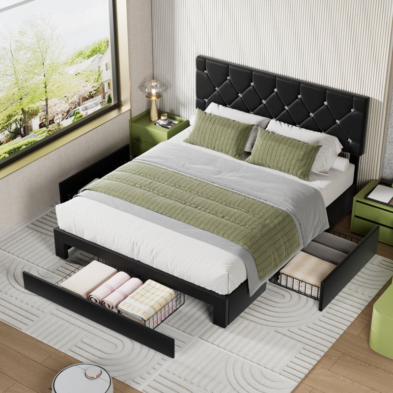 Bed Frame With Diamond Tufted Headboard, PU Leather Platform Bed With Storage Drawer, Wooden Slats Support, No Box Spring Needed, Easy To Assembly