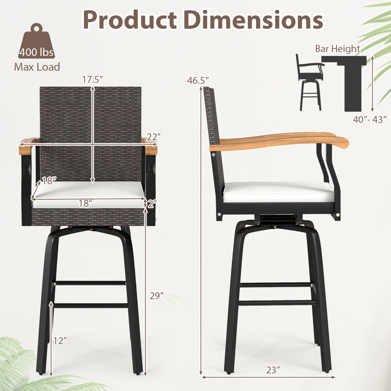 Outdoor Rattan 360 degree Swivel Bar Stool w/ Removable Cushion Footrests, 1