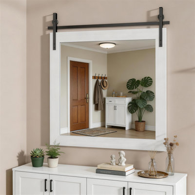 Farmhouse Bathroom Mirror, 31"x31" Rustic Wood Framed Wall Mounted Mirror, White Vintage Vanity Mirror Barn Door Style Decrative Mirrors