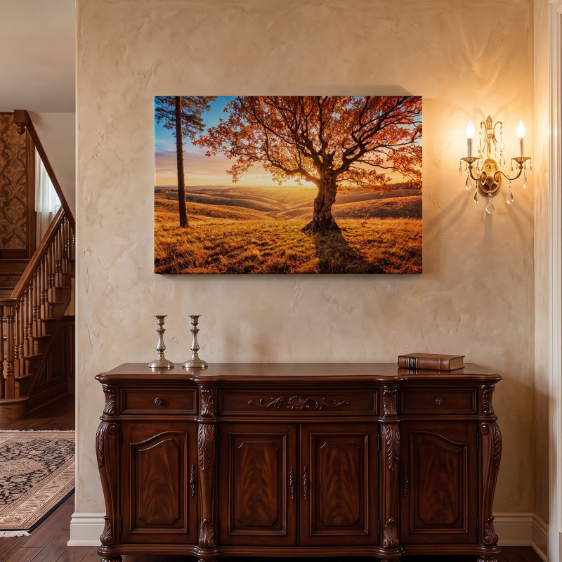 Tableau multicolore sur toile représentant un coucher de soleil sur un arbre, œuvre d'art mural pictural pour le salon, la salle à manger et la chambre.