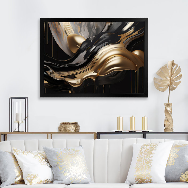 Marbre captivant doré et noir II - art abstrait sur toile marbrée, Cadre photo unique, H 30 po x l 40 po, Noir