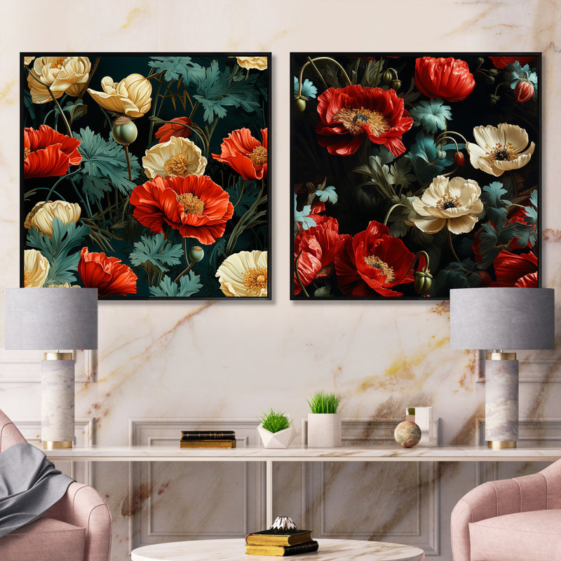 Hasson - Ensemble de 2 collages carrés floraux, H 36 po x l 73 po, Cadre flottant noir