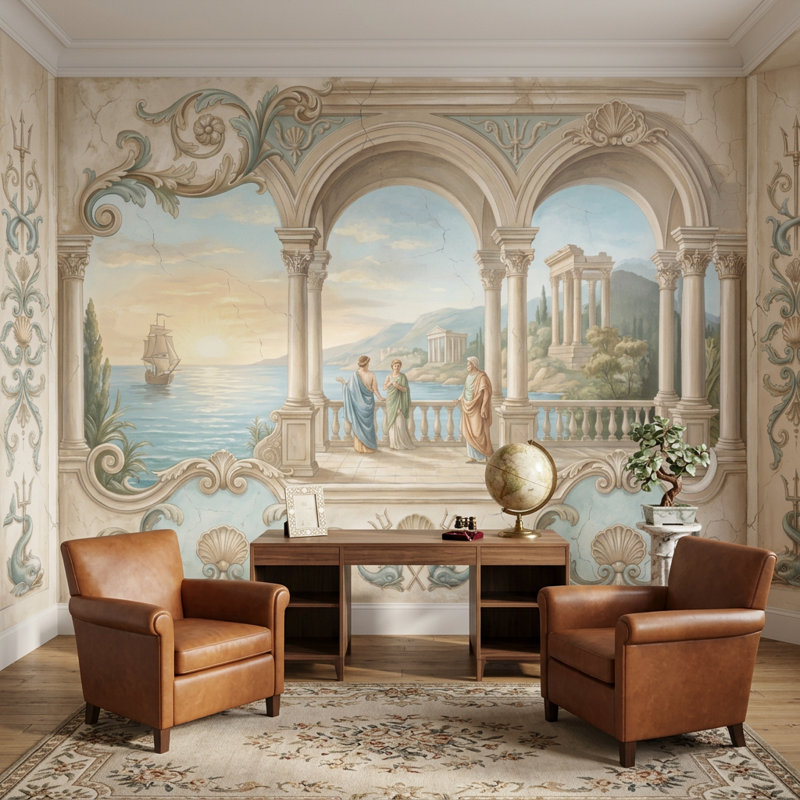 Papier peint classique paysage méditerranéen, arches et colonnes romaines, 100 po x 96 po, Texturé non collé