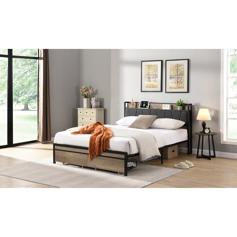 Grand lit en métal avec tête de lit tapissier et rangement - Pas de sommier tapissier, sous-espace, assemblage facile, poids de 70,71 lb, structure plate-forme au fini noir et gris, revêtement en métal, ressort, grand