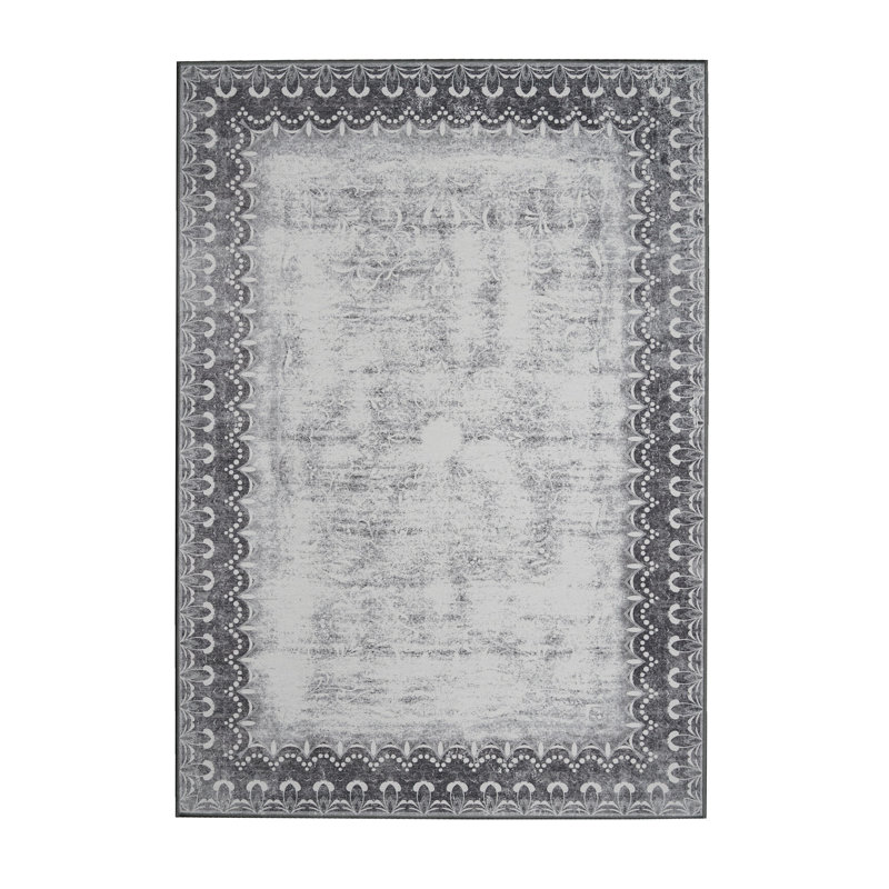 Gray Bordered 5' x 7' Washable Synthetic Rug