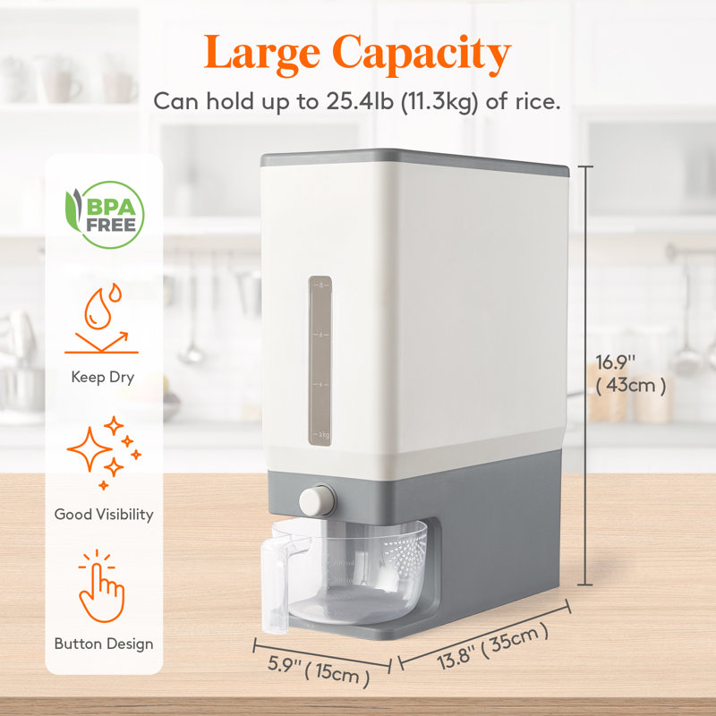 Distributeur de riz 25 lb, contenant de riz résistant à l'humidité avec tasse à mesurer, sans BPA, gris, Gris, 1