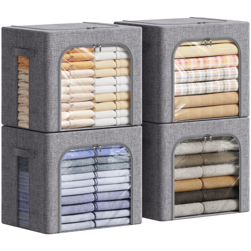 Clothes Storage Box With Metal Frame, Stackable Storage Box, Foldable Clothes Storage Box With Lid, 40L Storage Bag Fabric Box Organizer With Clear Window And Zipper And Sturdy Handle, 4 Pack