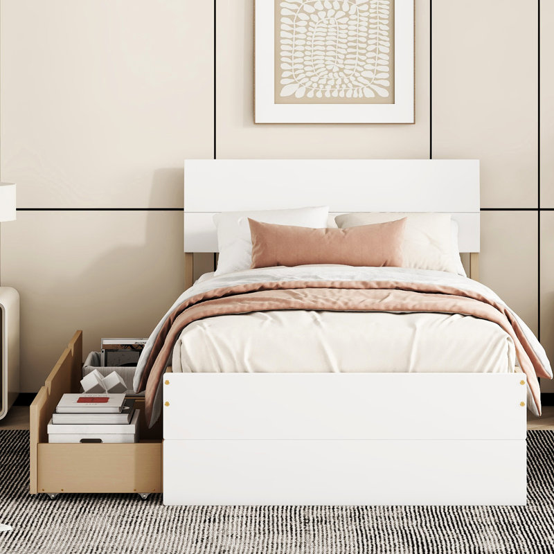 Lit simple avec tête et pied blanc brillant - 2 tiroirs de couleur chêne pour un meilleur rangement, Blanc / Chêne clair