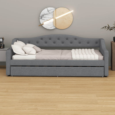Twin XL Size Linen Tufted Daybed – Sofa Bed Design, LED Belt & Trundle Included
