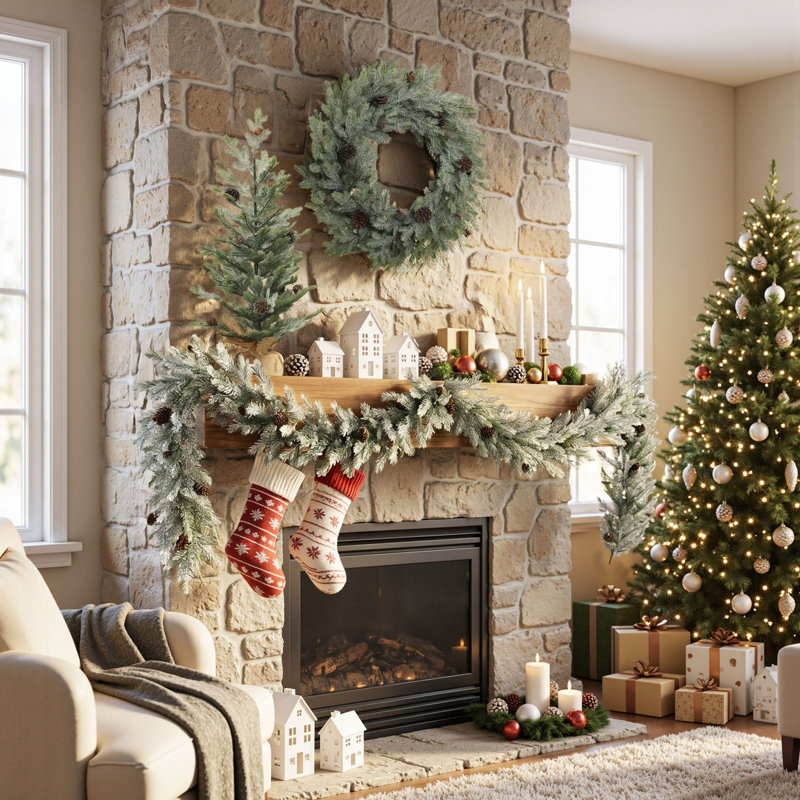 Ensemble de 3 pièces de verdure artificielle de Noël givrée style plumes avec pommes de pin, sapin de 6,35 cm, couronne de 61 cm et guirlande de 2,74 m
